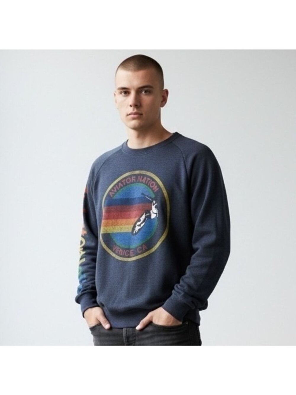 Aviator Nation Relaxed Venice Crew Sweatshirt, Navy, XL